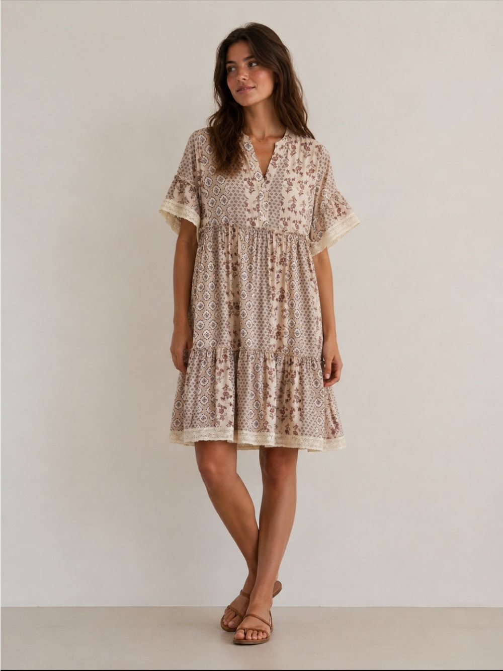 Anany Tiered Lace Trim Floral Patchwork Dress S Cottagecore Boho